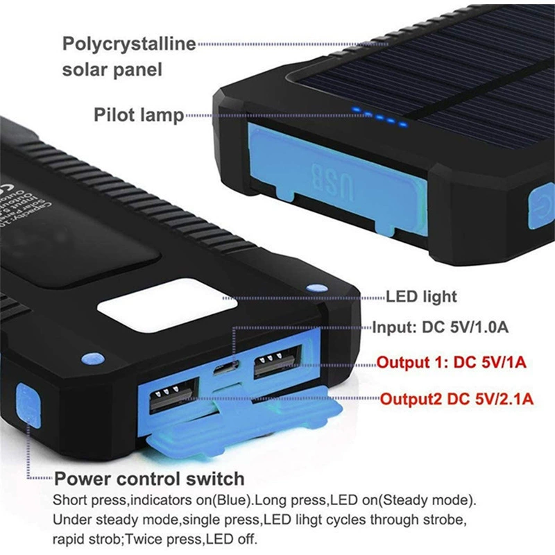 Solar Rugged Power Bank with LED Flashlight & Dual USB Outputs