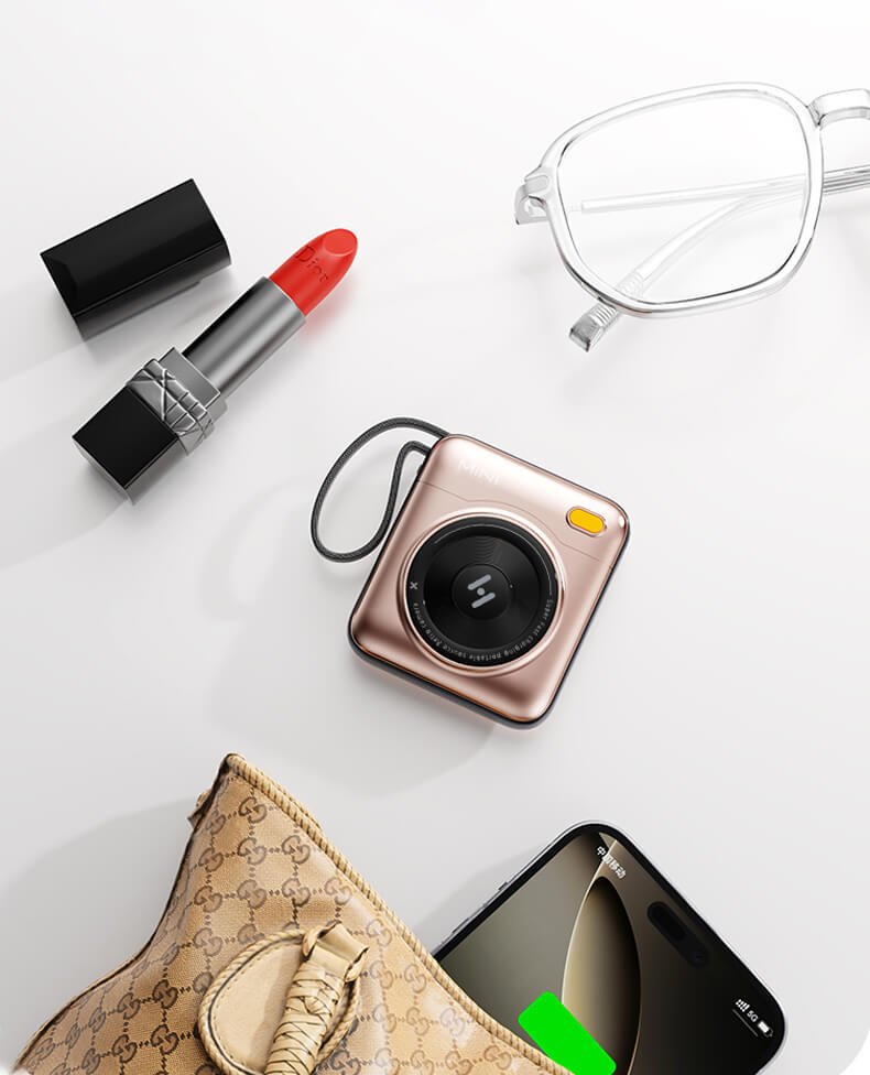 mini-Square Camera Power Bank with Built-in Cable