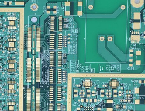Detailed close-up of a green-substrate PCB board