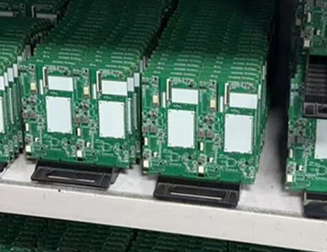 Neatly stacked on the shelving unit are mass-produced green-substrate finished PCB boards